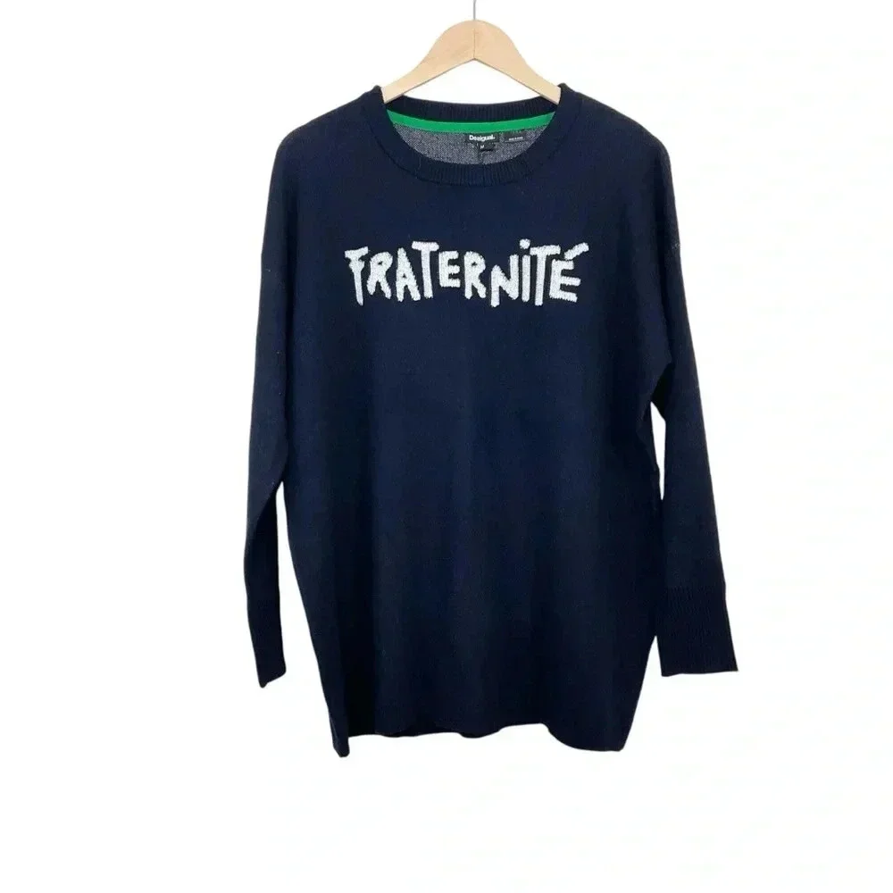 Desigual Fraternite Crewneck Pullover Sweater Navy Blue Small